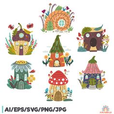 a set of cartoon houses with flowers and plants around them, all in different colors