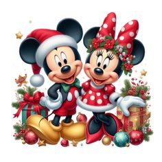 two mickey and minnie mouses standing next to each other in front of christmas decorations