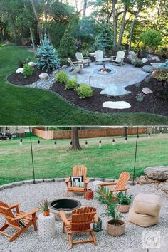 an outdoor fire pit surrounded by lawn chairs and rocks in the middle of a yard