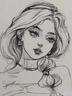 a pencil drawing of a girl with long hair and big eyes, wearing a dress