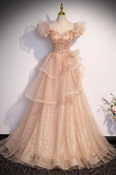 10% off now|Buy champagne tulle with bling ruffled prom dress with beadings at cheap price online. Free stable shipping and pro custom service since 2009. Coming Of Age Ceremony, Champagne Formal Dresses, Purple Wedding Dress, Floor Length Prom Dresses, Color Wedding, Color Champagne, Sleeves Dress, Pink Tulle, Champagne Color