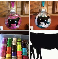 four different pictures of glass ornaments with black cow in the center and pink ribbon on each ornament