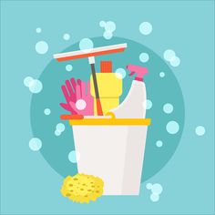 a bucket filled with cleaning supplies on top of a blue background, surrounded by bubbles