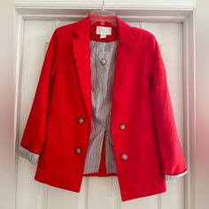 Brand New Smoke Free Home Classic Red Blazer For Spring, Tailored Red Spring Blazer, Tailored Red Blazer For Spring, Red Cotton Blazer For Spring, Red Cotton Blazer For Work, Red Cotton Workwear Blazer, Red Spring Blazer With Button Closure, Red Blazer With Button Closure For Spring, Red Cotton Blazer For Fall