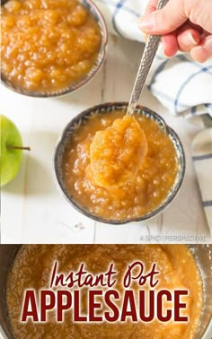 an image of applesauce being spooned into a bowl with the words instant pot applesauce