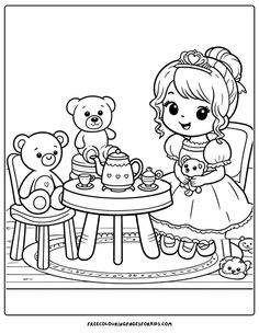 A princess surrounded by her royal companions, partaking in the cherished ritual of a tea party. This charming coloring page transports you to a storybook garden or opulent palace where fine china, sumptuous cakes, and warm, aromatic tea set the scene for a gathering steeped in grace and friendship. Will you paint their world with the pastel hues of spring blossoms or the rich tones of an autumn harvest? Tea Party Colouring Pages, Tea Party Coloring Pages Free Printable, Tea Party Coloring Pages, Tea Party Drawing, Princess Coloring Pages For Kids, Royal Music, Storybook Gardens, Girls Tea Party, Princess Coloring Pages