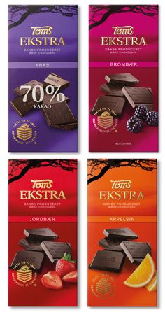 four chocolate bars with different flavors on the front and back, all in different colors