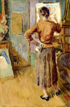 a painting of a woman standing in front of a book shelf and looking into a mirror