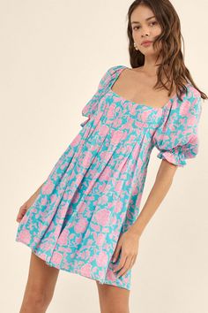 Secret Rendezvous Pleated Floral Babydoll Mini Dress - ShopPromesa Cute Dresses Casual Short Floral, Ruffled Dress Preppy, Secret Rendezvous, Pinterest Wardrobe, Pink And Blue Dress, Summer Wishlist, Cutest Outfits, Babydoll Mini Dress, Hoco Dress