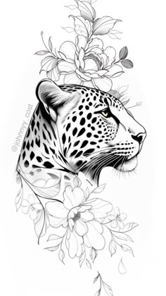 a black and white drawing of a leopard's head with flowers in the background