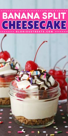 This no bake banana split cheesecake is a winner! It is an easy dessert idea that everyone will love. The fresh and fruity flavor of these fun summer desserts are very satisfying. Save this banana split cheesecake recipe for later! Fun Summer Desserts, Banana Split Cheesecake, Fruit Whipped Cream, Housewarming Party Food, Quick Cheesecake, Easy Dessert Idea, Mini Bundt Cakes Recipes, Refreshing Summer Recipes, Sundae Toppings