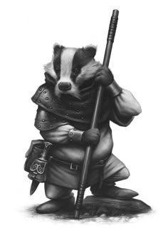 a drawing of a raccoon dressed in armor and holding a stick with his hand