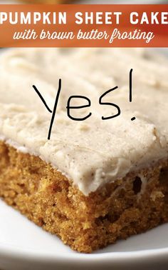 a piece of pumpkin sheet cake with brown butter frosting is on a white plate