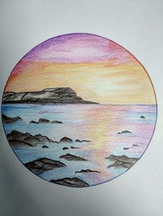 a drawing of a sunset over the ocean with rocks in the foreground and an island in the distance