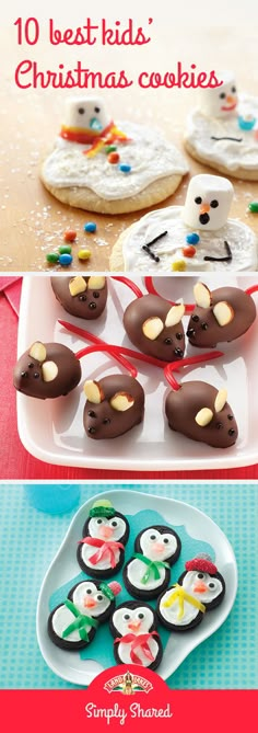 christmas cookies are shown on a plate and in the background is an image of santa's helpers