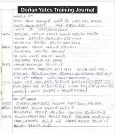 a handwritten exercise sheet for the dorian yates training journal