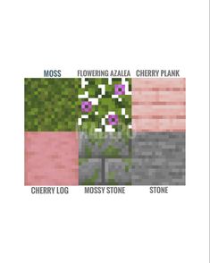 four different types of flowers and plants in pixel art style, with the words mosss flowering azalea cherry plank cherry log mossy stone