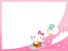 an image of hello kitty sledding down the hill with snowflakes on it