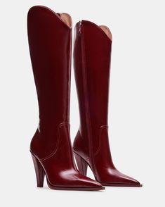 AURA Wine Heeled Knee-High Boot | Women's Boots – Steve Madden Camel Leather Boots, Dark Red Knee High Boots, Black Women Fall Fashion 2024, Burgundy Tall Boots, Maroon Cowgirl Boots, Red Heels Boots, Shoes For Big Feet Women Style, Burgundy Leather Boots, Wine Boots Outfit