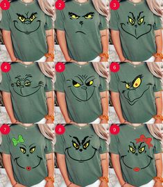 a woman wearing a green shirt with many faces drawn on it