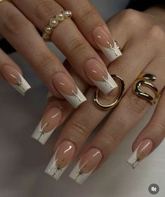 French Tip Elegant Nails, French Nails With Gold Stars, New Years Nails Tapered Square, Gold And Silver French Tip Nails, Creme French Tip Nails, New Years Nail Designs Silver, Nail Ideas Gold And White, White Gold French Tip Nails, White French Tip With Gold Design