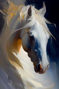 a painting of a white horse with long manes