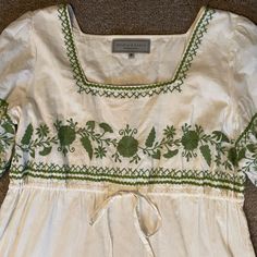 This Is A Beautiful Double D Ranch Dress! It’s White With Green Embroidery. A Few Small Marks That I Think Would Come Out With A Dry Clean! Spring Green Dress With Chikankari Embroidery, Green Chikankari Embroidered Dress For Spring, Fitted Dress With Embroidered Border For Spring, White Embroidered Dress With Square Neck, White Peasant Embroidered Dress, White Embroidered Square Neck Dress, White Peasant Dress With Embroidered Hem, Fitted White Embroidered Dress With Embroidered Border, White Fitted Embroidered Dress With Border