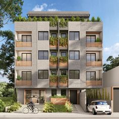 an artist's rendering of a two story apartment building with plants growing on the balconies