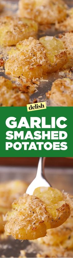 garlic smashed potatoes on a spatula being held by a fork with text overlay