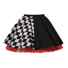 a black and white checkered skirt with red trim