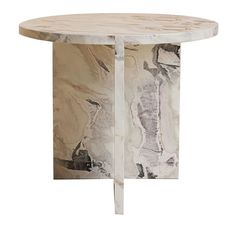 a round table with marble top and white base, on a white background that looks like it has been cut in half