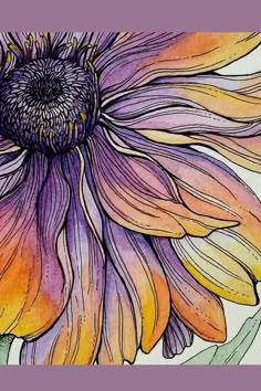 a drawing of a sunflower with purple and yellow petals