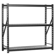 a metal shelving unit with four shelves on one side and two levels to the other