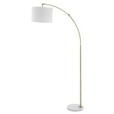 a floor lamp with a white shade on the base and a round light fixture in front of it