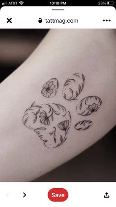 a dog paw tattoo on the left side of the arm and leg, with four dogs in it