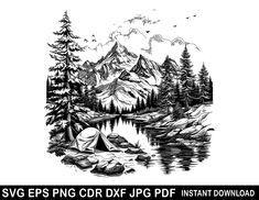 a black and white drawing of mountains, trees, and a tent in the water