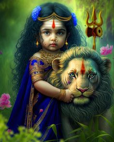 a painting of a girl hugging a lion