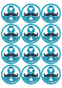 six stickers with mustaches on them in blue and black, each one has a ribbon