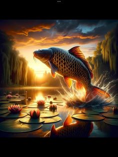 a painting of a fish jumping out of the water with lily pads in front of it