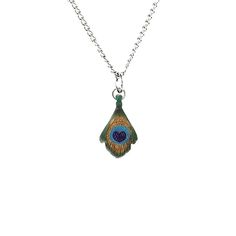 a necklace with a blue and green bird on it's back end, hanging from a silver chain