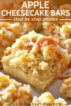 apple cheesecake bars with caramel drizzle on top and text overlay