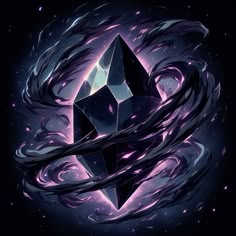 an abstract illustration of a diamond surrounded by swirling purple and blue swirls on a black background