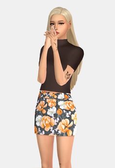 a woman with long blonde hair standing in front of a white background wearing a black top and floral skirt