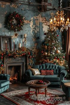 a living room filled with furniture and christmas decorations