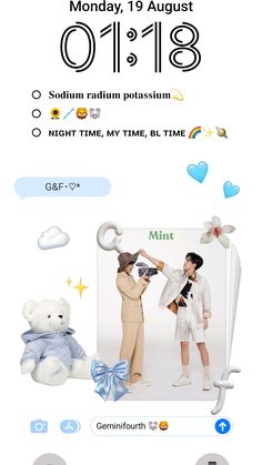 an advertisement with two people and a teddy bear on the front, one person is holding a