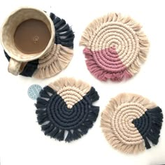 three woven coasters with coffee cup in the middle on a white table next to a mug