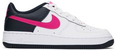 Low-top buffed leather sneakers in white and pink. · Perforated detailing at toe · Lace-up closure · Swoosh embroidered at vamp · Logo patch at padded tongue · Padded collar · Swoosh appliqué at sides · Logo embroidered at heel tab · Mesh lining · Air Sole unit at foam rubber midsole · Treaded rubber sole Please note that this item may be shipped only within North America. Supplier color: White/Dark obsidian/Fierce pink Nike US Size: child's foot length 3.5Y: 8.75 / 22.5 cm 4Y: 9 / 23 cm 4.5Y: 9 Pink Air Force 1, Pink Nike, Pink Nikes, Nike Kids, Kids Sneakers, Air Force 1, Logo Embroidered, Leather Sneakers, Big Kids