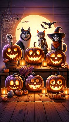 a group of cats sitting on top of pumpkins