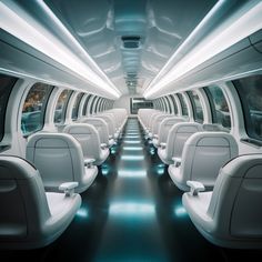 the inside of an airplane with seats and lights on it's ceiling is lit up