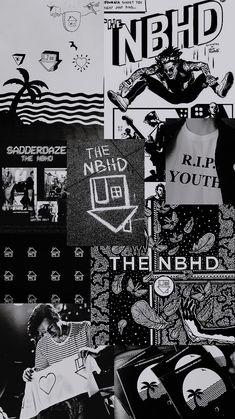 black and white collage with various graphic designs on the wall, including t - shirts